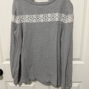 LOFT Gray Long Sleeve Top with White Lace Detail